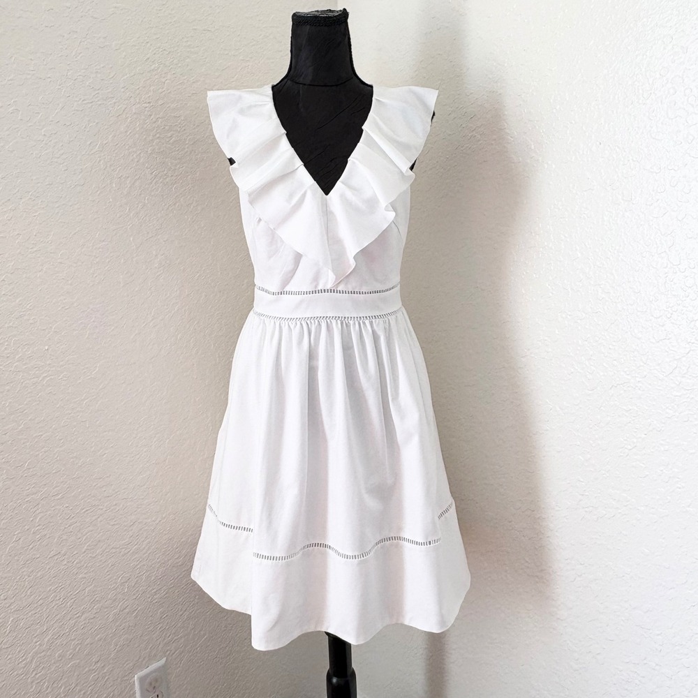 Kate Spade NY California Dreaming Ruffle‎ Neck Dress 4 White NJMU8893